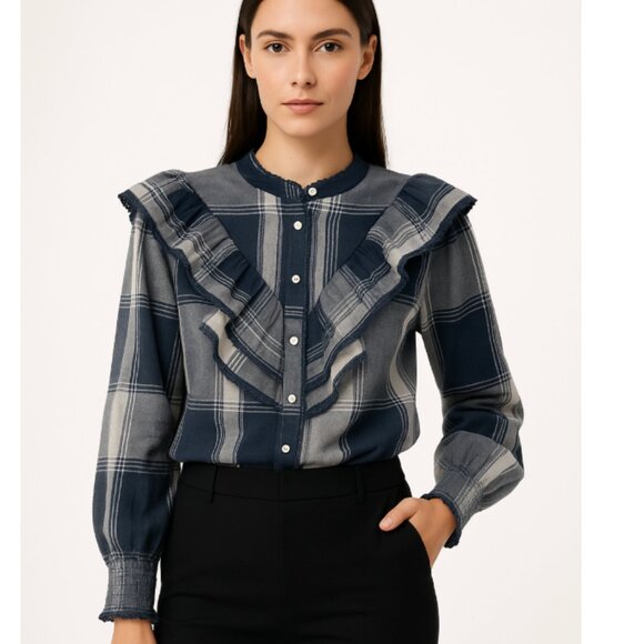 FRNCH Paris Blue Gray Plaid Ruffle Button Down Top 100% Cotton Size L - Picture 2 of 12
